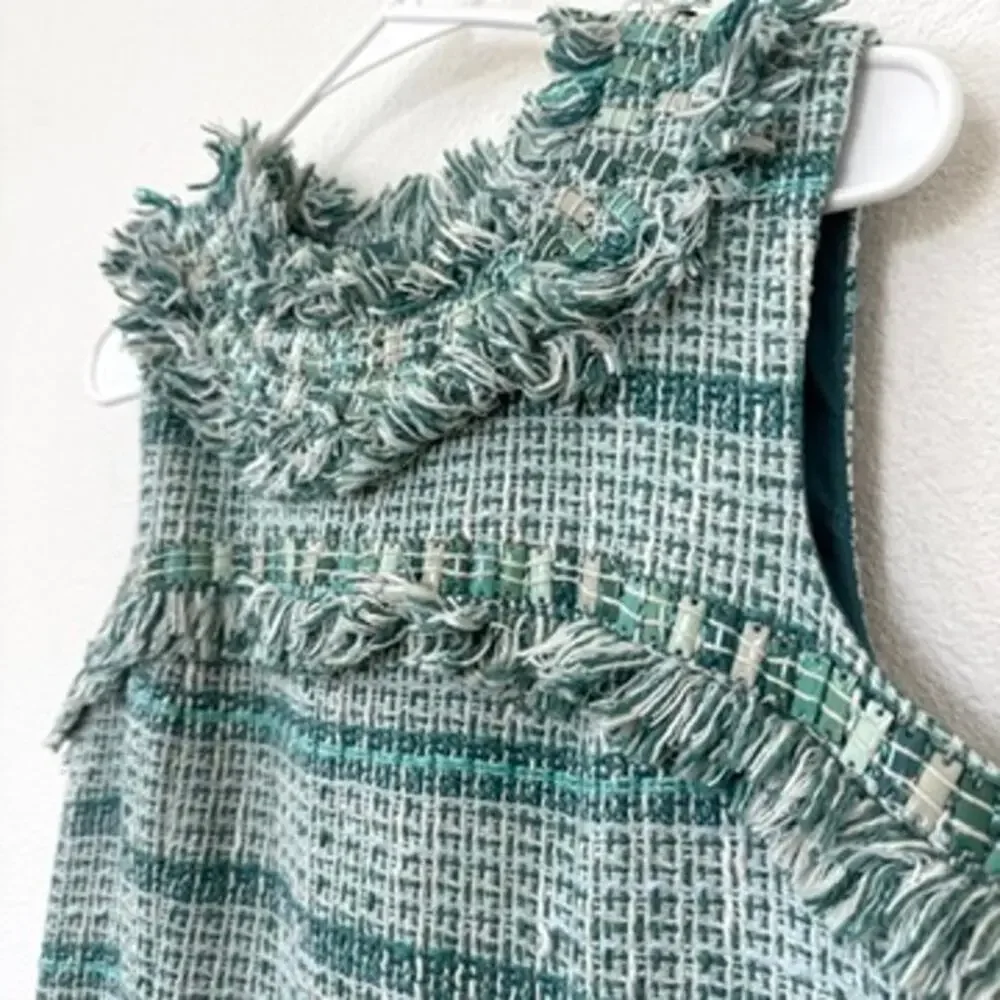 TORY BURCH Bouclé Tweed‎ Mini Dress Green Fringe Trim Sleeveless Pockets Sz 8